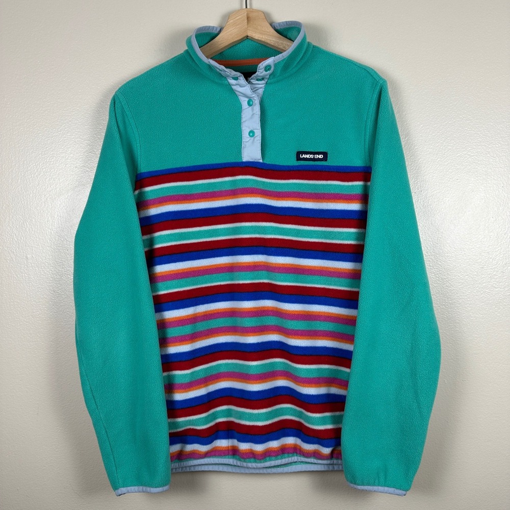 Lands' End Women's M/T Fleece Pullover Teal Multi-Color Striped Snap Neck Retro